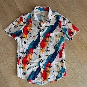 Patterned Artistic Abstract Graphic Short Sleeve Button Up Shirt, Small